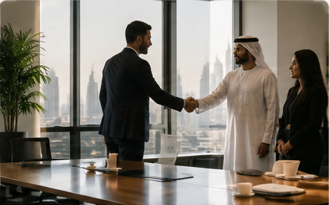 Business professionals shaking hands after a meeting