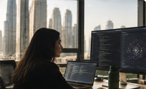 Professional working on code with a city view