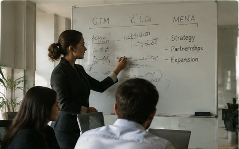 Consultant presenting a strategy plan on a whiteboard